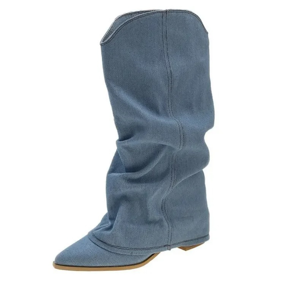 Elize - Denim Cowboy Laarzen - Slouchy Design - Franje Accent - Dames