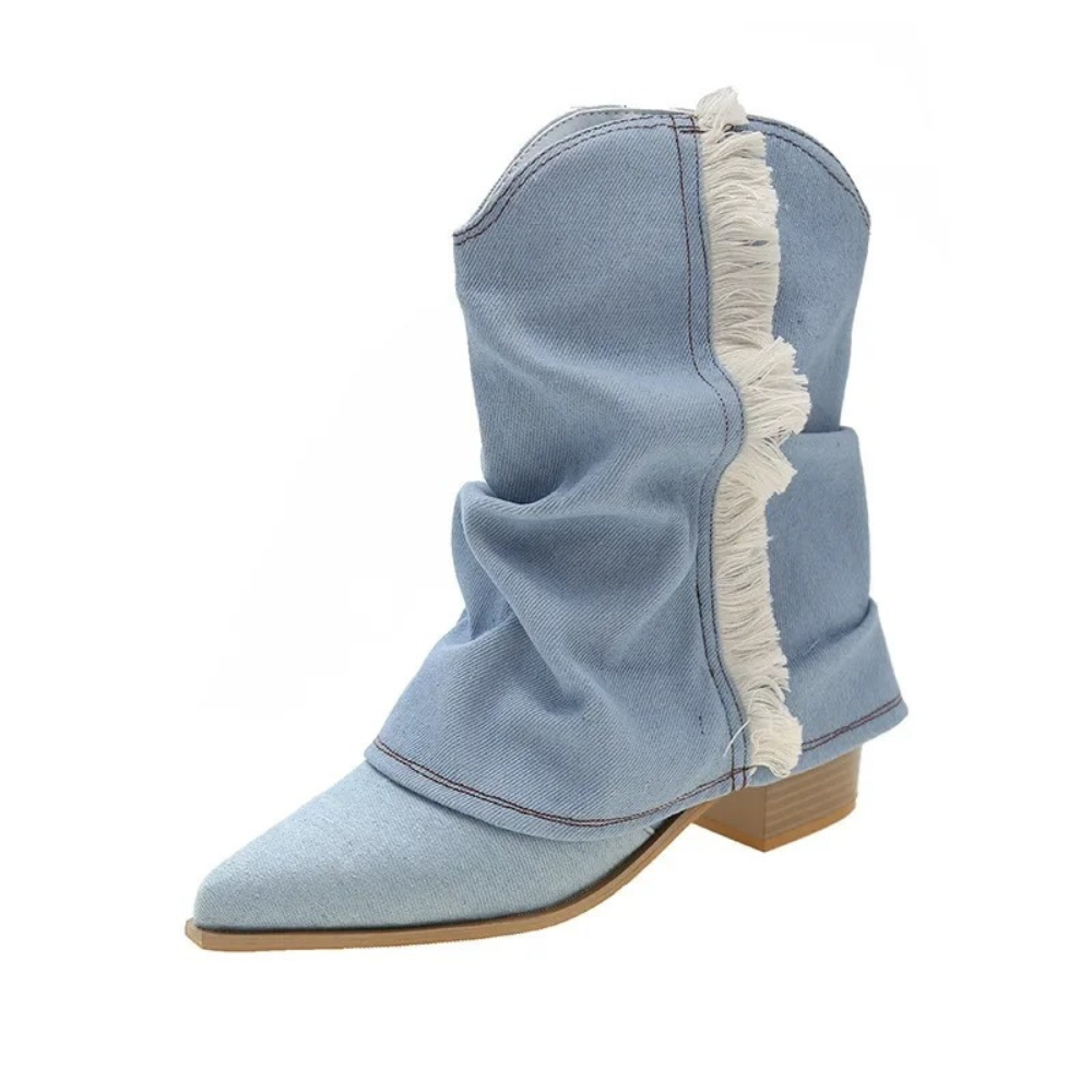 Elize - Denim Cowboy Laarzen - Slouchy Design - Franje Accent - Dames