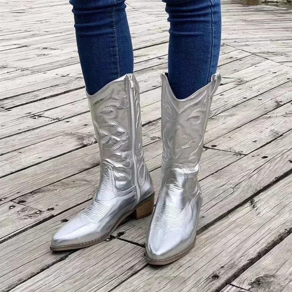 Merelina - Metallic Cowboylaarzen Dames - Lage Blokhak - Borduursel