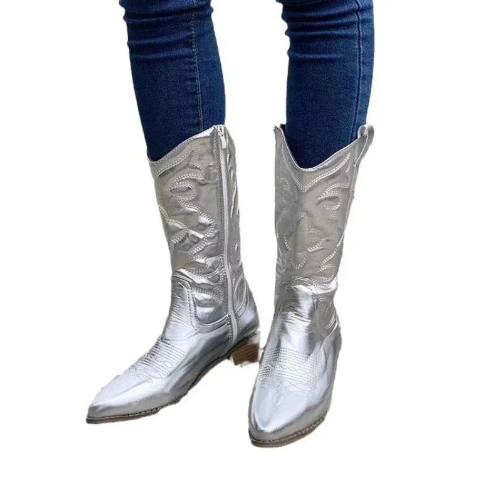 Merelina - Metallic Cowboylaarzen Dames - Lage Blokhak - Borduursel